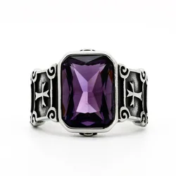 Stainless Steel Cross Ring Purple Zircon Ring Cool Wedding Band Men's Ring High Quality Fashion Jewelry Gift