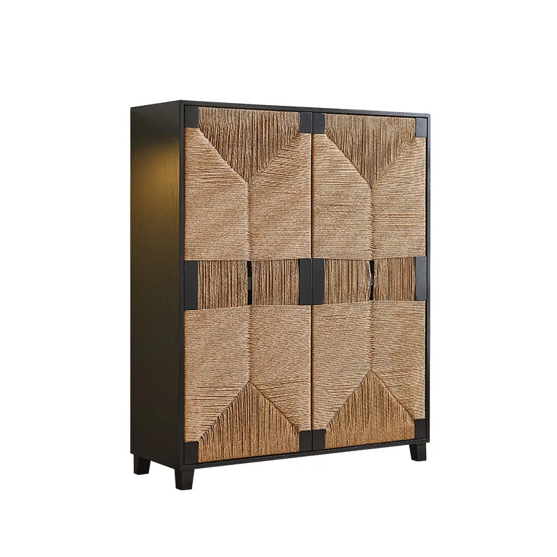 Rattan solid wood dining side cabinet, silent wind black porch cabinet, storage storage cabinet, double door cabinet