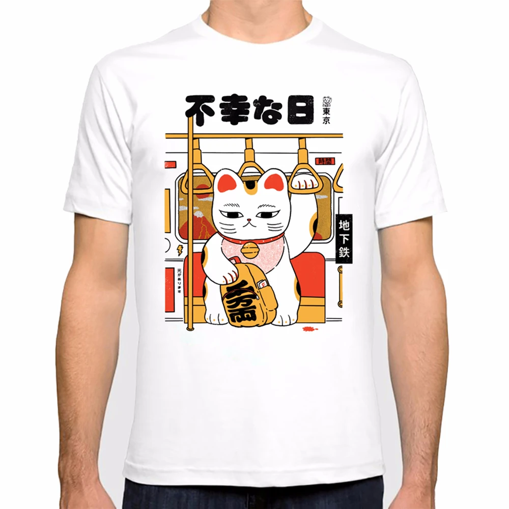 

Fortune Cat No lucky day print funny anime tshirt men summer new white casual Maneki Neko short sleeve unisex streetwear t shirt