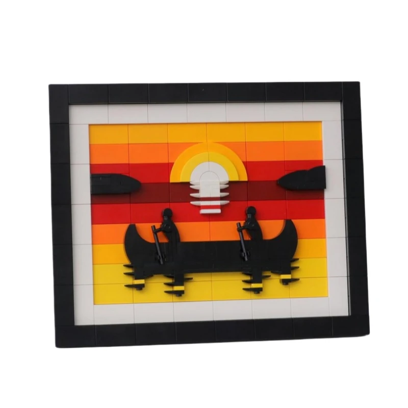 MOC Building Bricks of Canoe at Sunset and Moon, Tecnologia Modular, Art Painting Model, Assembly Toys for Children, Holiday Gifts