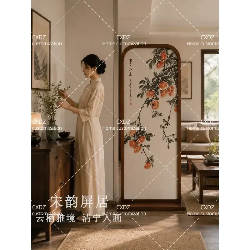 Persimmon Ruyi Movable Solid Wood Screen Entryway Home Partition Living Room 2026 New Song Style Aesthetic Privacy Divider