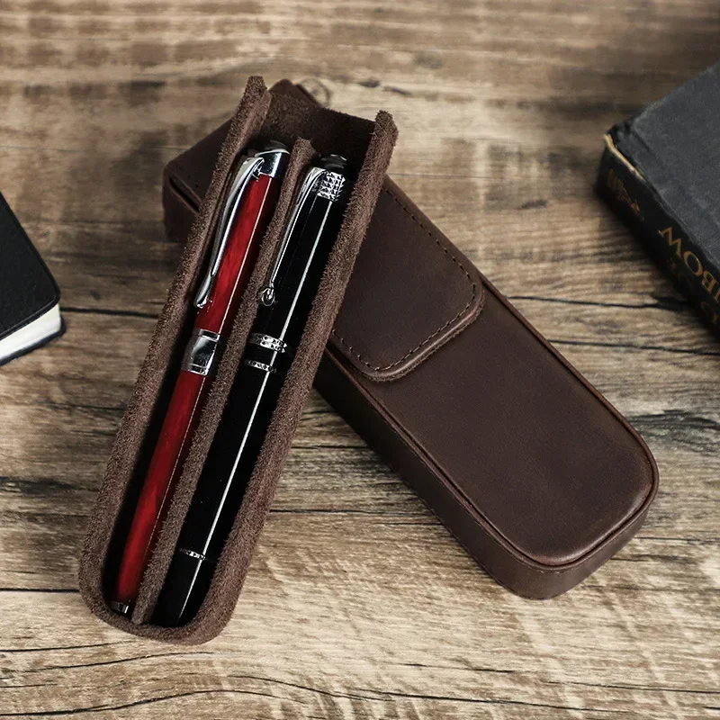 Imagem -04 - Luxo Genuine Leather Pen Case com Suporte de Bandeja Removível Pencil Bolsa Pouch Escritório e Material Escolar Papelaria Slots Slots Slots 12 Slots