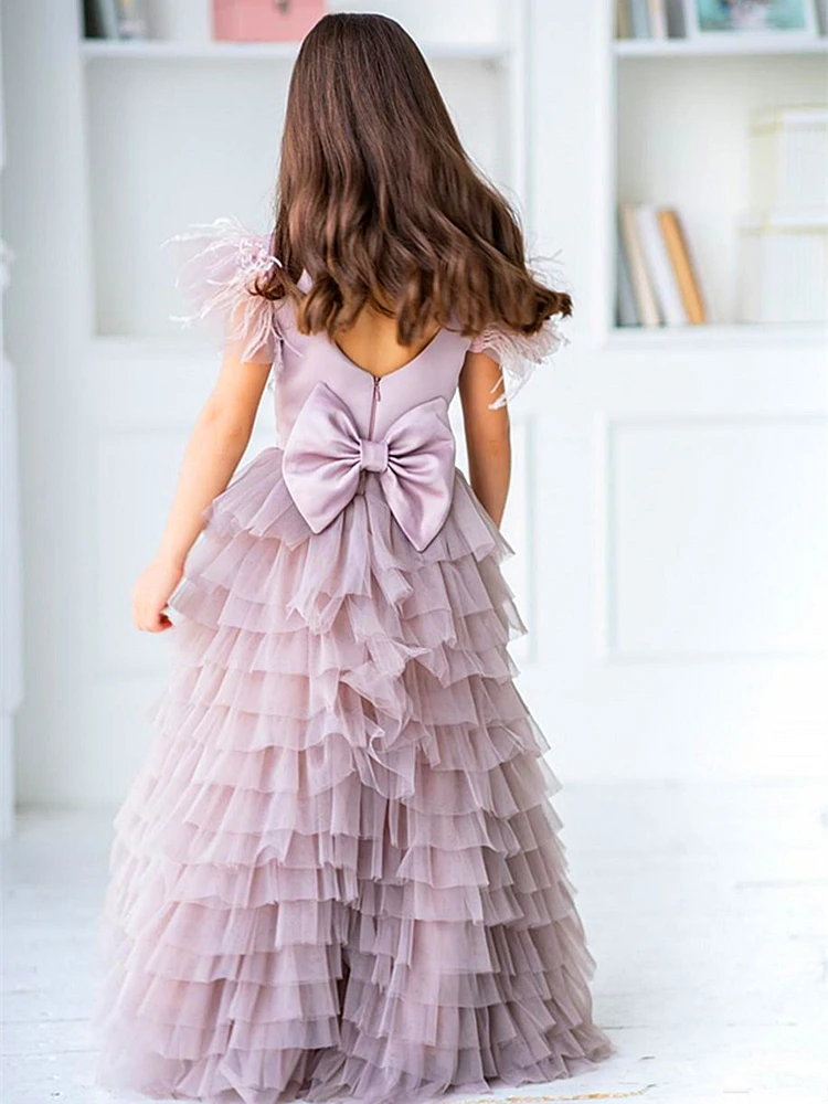 Kids Surprise Birthday Present Lovely Tulle Lace Printed Feather Flower Girl Dress Princess Ball First Communion Dresses