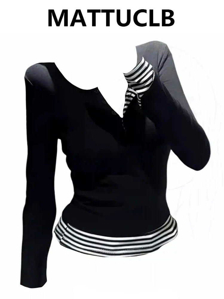 

Женские футболки из двух предметов в стиле пэчворк, японские футболки с длинными рукавами Y2k, корейские модные футболки 2000-х годов, High Street Tide, новинка