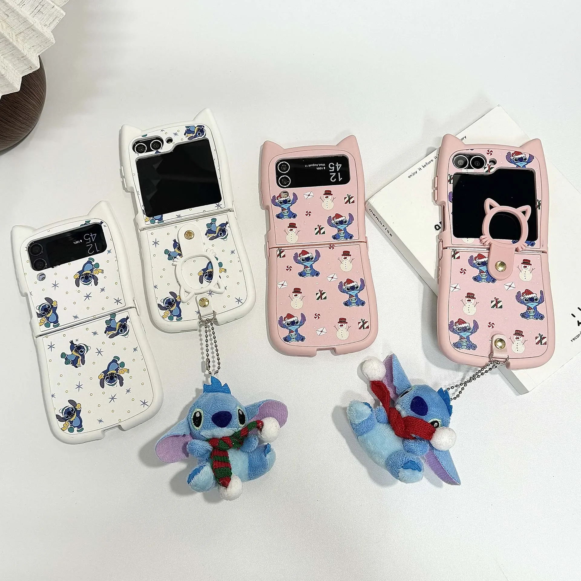 Christmas Disneies Stitch 3D Cat Ear with Lanyard Phone Case for Samsung Galaxy Z Flip 3 4 5 6 5G PC Hard Anti-drop Back Cover