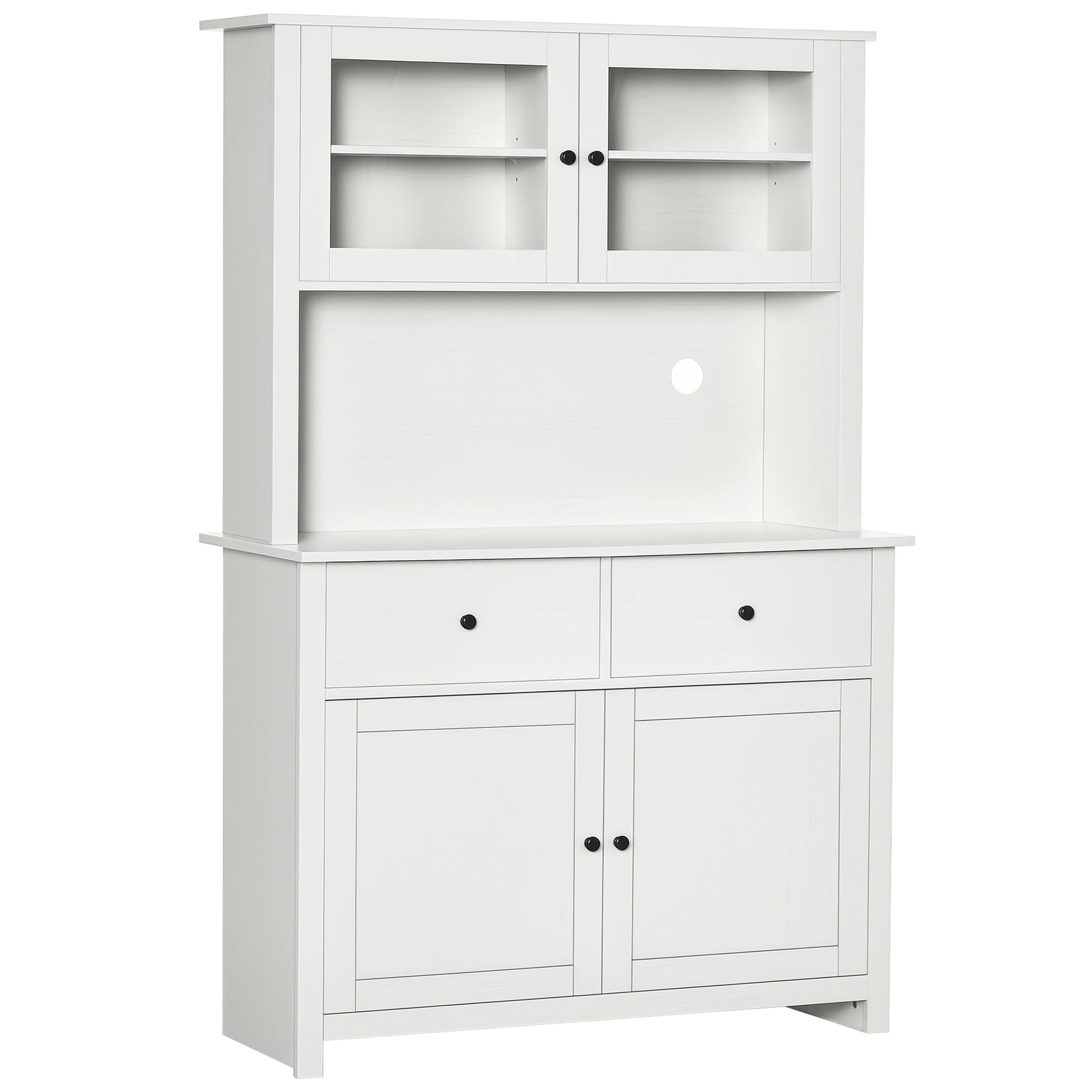 

Кухонный буфет 63,5 дюйма с надстройкой, шкаф для хранения продуктов с 4 полками, выдвижными ящиками, стеклянными дверцами в рамке, открытой секцией для микроволновой печи