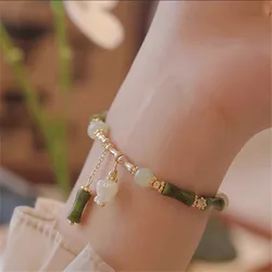 New Chinese Style Bamboo Shaped Beads Bracelet Natural Hetian Jade Female Versatile Jewelry Magnetic Buckle Design Romantic Gift