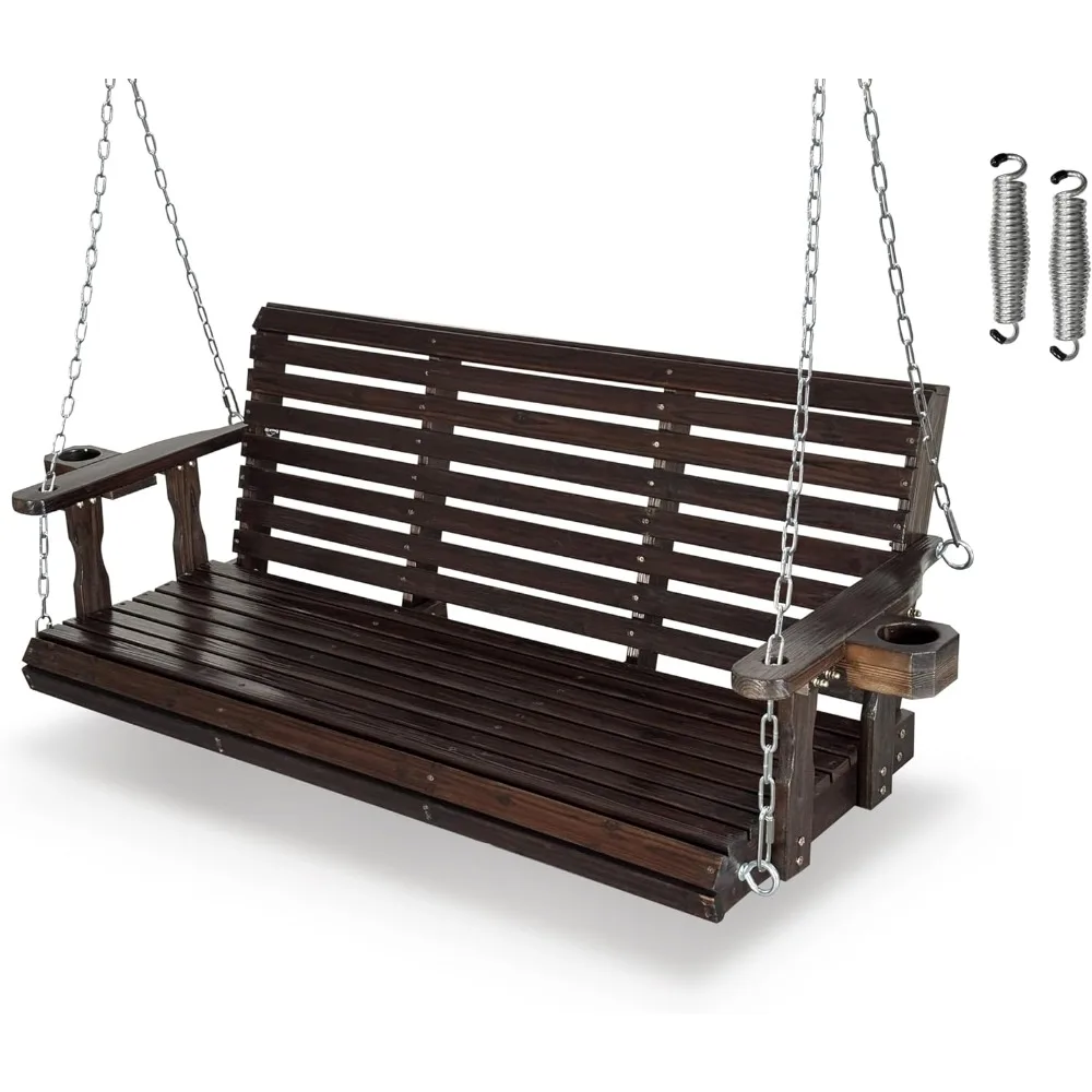 Wooden Porch Swing 3-Seater, Bench Swing with Cupholders, Hanging Chains and 7mm Springs, Heavy Duty 880 LBS