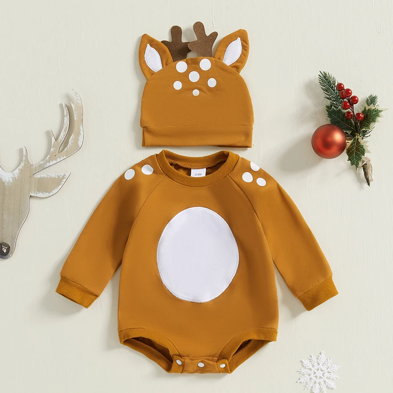 Newborn Boy Reindeer Outfits Christmas Baby Clothes Infant Girl Long Sleeve Bubble Bodysuit Deer Romper with Hat