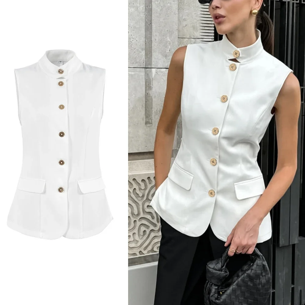 

2025 New Women Sleeveless Blazer Vest White Office Waistcoat Slim Fit Workwear Summer Business Casual Top Elegant Stand Collar