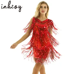 Vestido de baile latino con flecos y lentejuelas para mujer, traje Sexy sin mangas para salón de baile, Salsa, Tango, Cha, Rumba, Samba