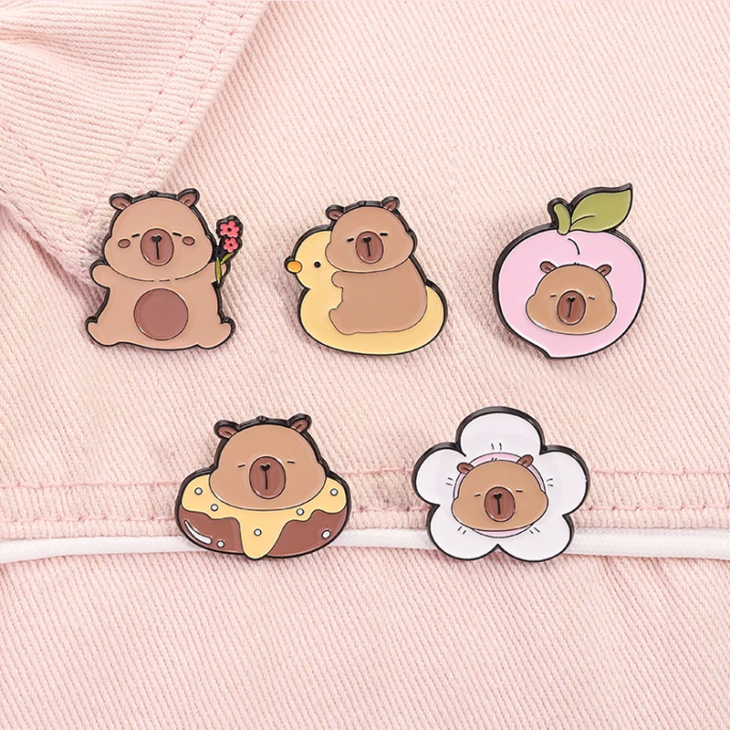 Cartoon Capybara Enamel Pins Cute Cappy Donut Pear Flower Animal Brooches Lapel Backpack Badge Jewelry Gifts For Kids Friends