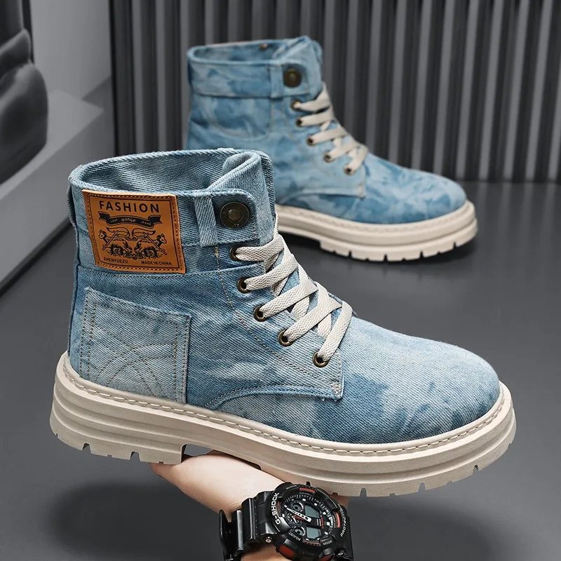 Botas vaqueras altas para hombre, ropa de trabajo, pantalón corto informal occidental Retro, zapatos de tela transpirable, botas de plataforma a la moda