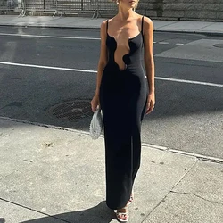 2025 Women Evening Dress Elegant Solid Color Irregular V Neck Maxi Dress Sexy Sleeveless Backless Pleated Hem Resort Sling Dress