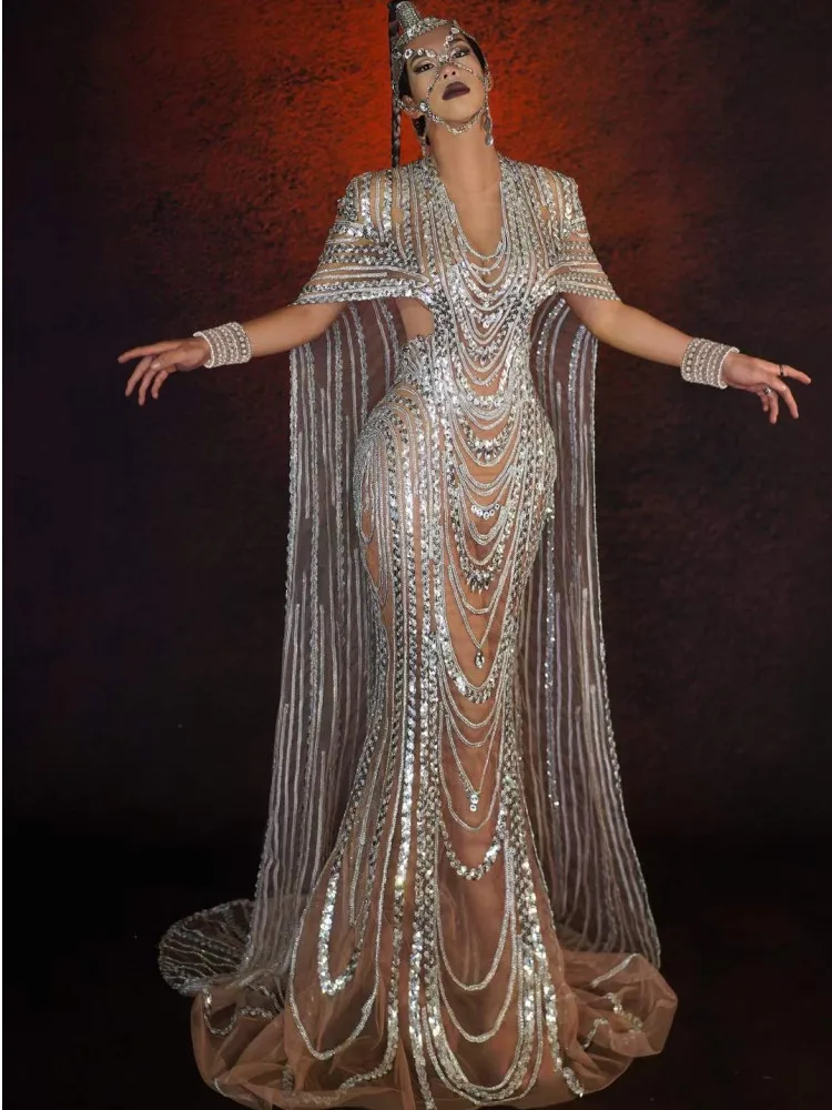 Robe longue sexy à paillettes argentées pour femmes avec châle, cristal, vêtements de festival de soirée, modèle de scène, olympiques magnifiques