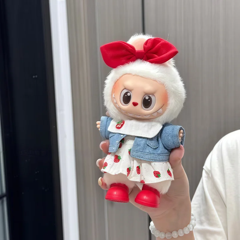 

New Hot Goods Labubu Pendant Doll Denim Jacket Strawberry Skirt Set Cute Vinyl Doll Doll Outfit Super Cute Set Will Can Be Gifts