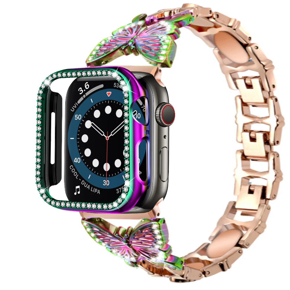 

Bling bands + cases for apple watch 6 5 4 se band 44mm 40mm Jewelry Stainless Steel Bracelet PC case for iwatch 3 42 38mm strap