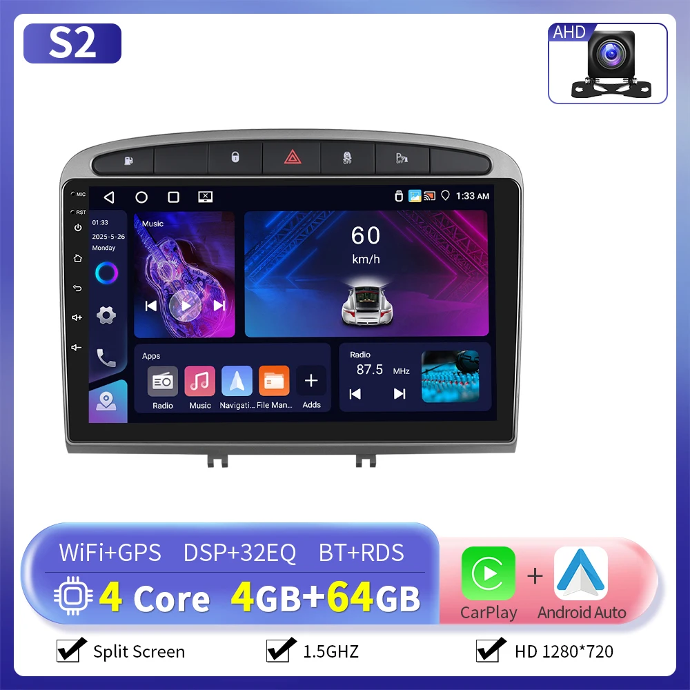 Camecho Draadloze Carplay Android Auto Radio voor Peugeot 308 408 2007-2015 Auto Intelligent Systeem 6 + 128G 4G WIFI GPS Auto Stereo