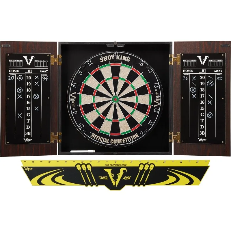 

Stadium Cabinet & Shot King Sisal/Bristle Dartboard Ready-to-Play Bundle with Two Sets of Steel-Tip Darts, Throw Line