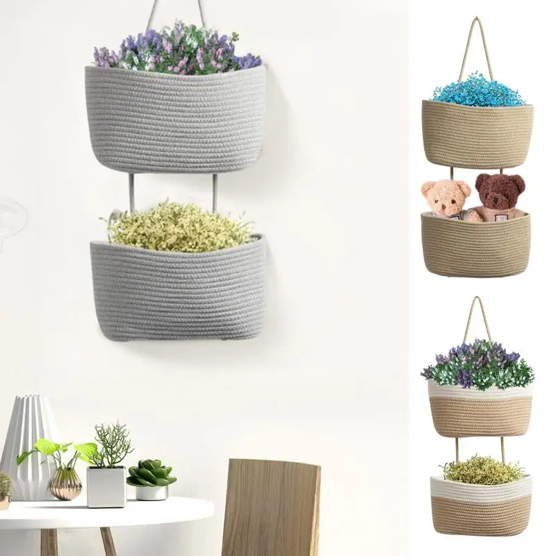 2 Tier Cotton Rope Woven Baskets 2-Tier Cotton Woven Hang Kitchen Baskets Cotton Wall-Mounted Storage Organizer Bag For Bedroom