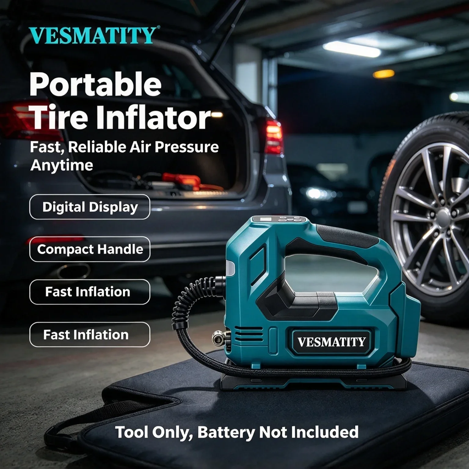 Vesmatity Max Unit System Cordless Digital Display Tyre Inflator Portable Air Pump Car Motorcycle 18V 20V Battery Plus