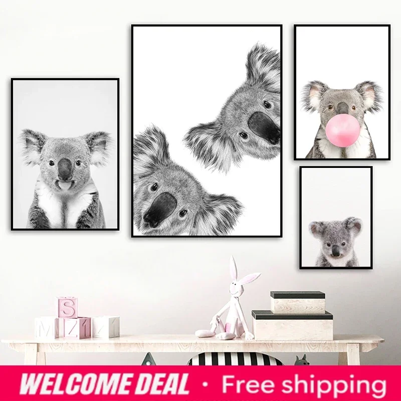Koala Print Black and White Picture Canvas Painting Wild Life Photography Australian Animal Zoo Poster Nursery Wall Art Decor