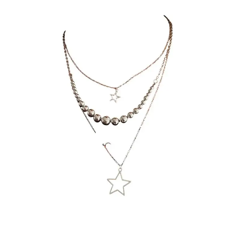 Modische Metall-Sternanhänger-Halskette für Frauen, Punk Hip Hop Silberfarben, mehrschichtige Pentagramm-Quasten-Halskette, Y2K-Schmuckgeschenk – Detail 8