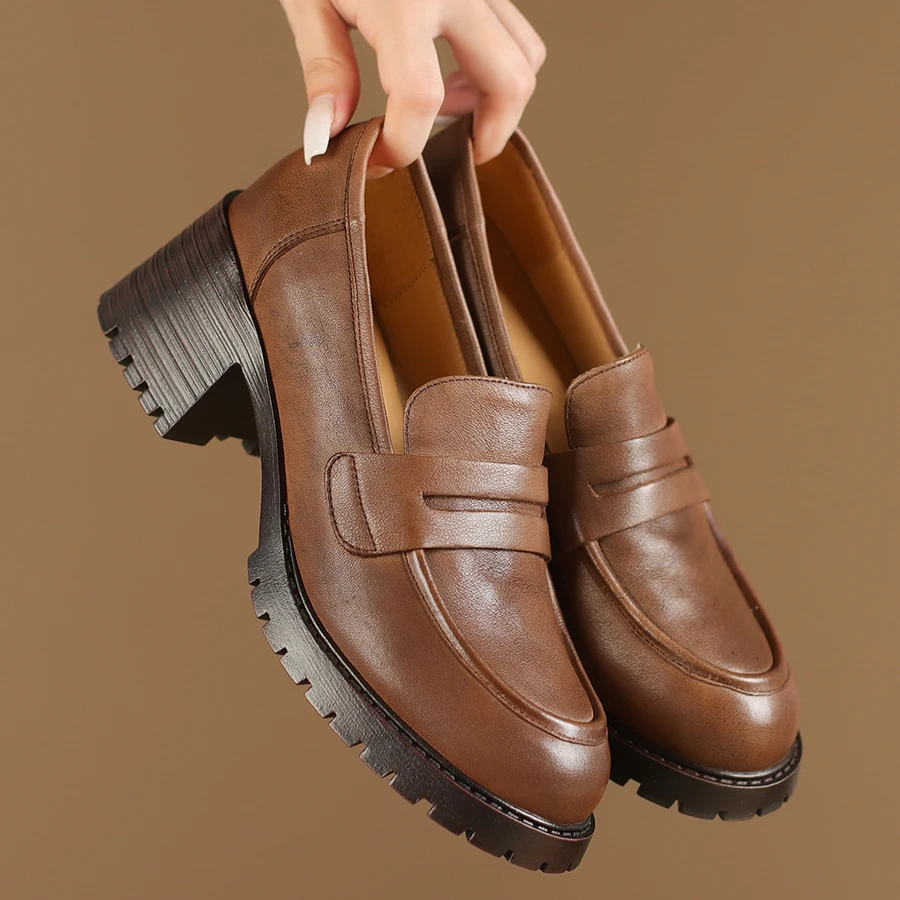 EAGSITY Cow Leather Square heel brown penny loafers women's shoes chunky heel pumps slip on footwear retro shoe casual party