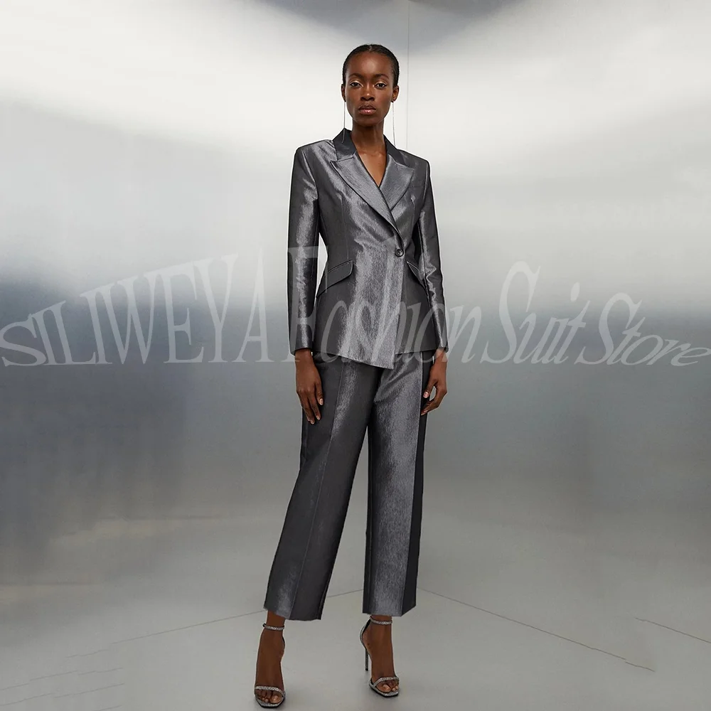 

Stunning Grey Satin Women's Suit Set Smart Casual Office Commute Female Fashion Trousers 2 Pieces Jacket Pants Chic Outfits