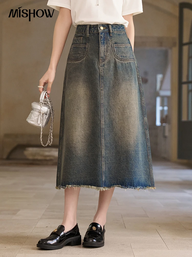 MISHOW Women's Retro Blue Denim Skirt Spring 2024 High Waist Slim Female Back Hem Split Mid Length A-line Skirts MXD13B0200