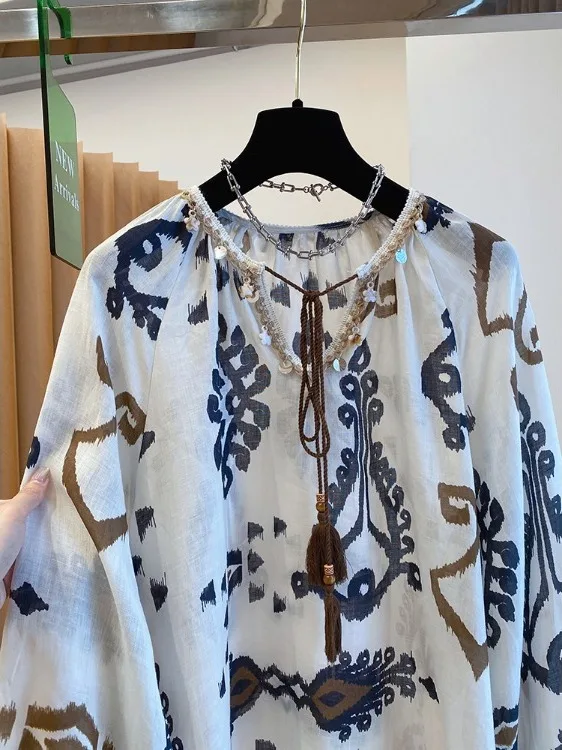 

n Sle High End Cotton Linen Women's Long Sve irt Summer New Holiday Sle Sun Protection Loose Fit round Ne
