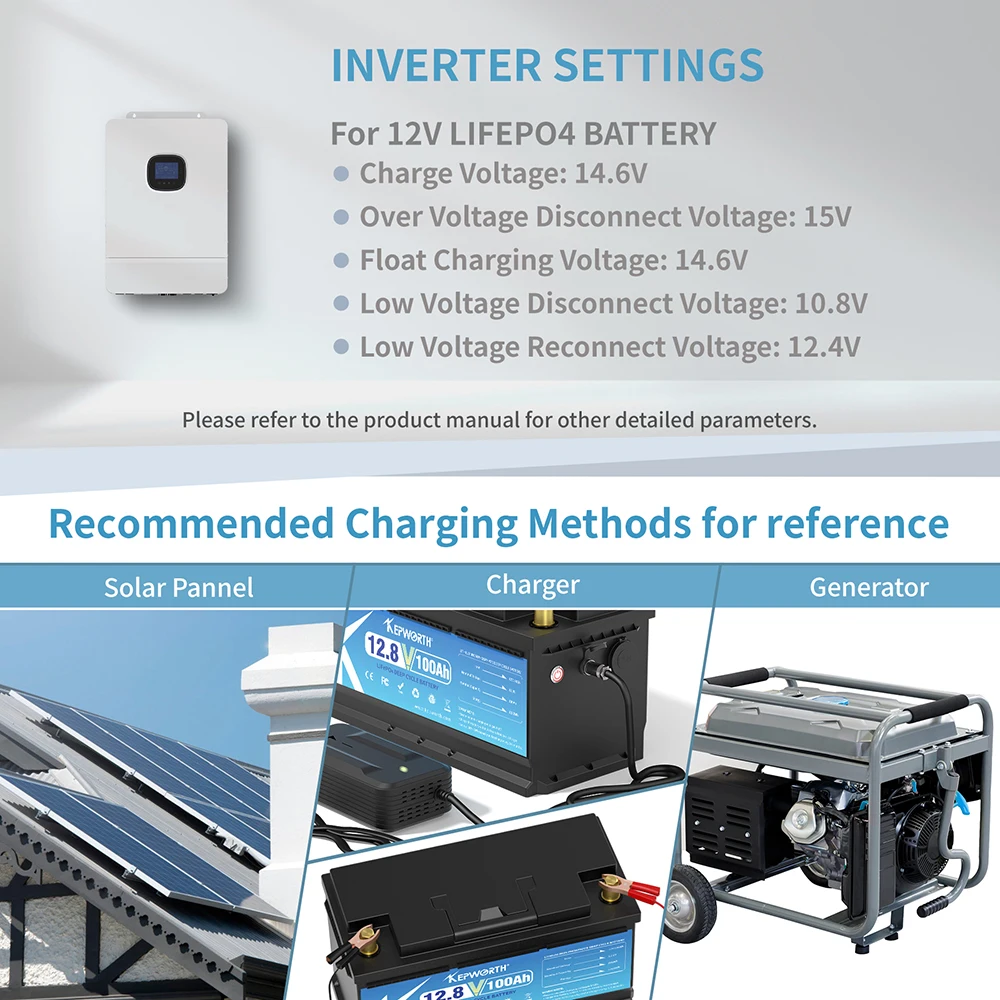 KEPWORTH 12 فولت 100 أمبير بطارية ليثيوم فوسفات الحديد ترقية BMS 6000 دورات ل RV المعسكر عربة جولف على الطرق الوعرة خارج الشبكة الرياح الشمسية