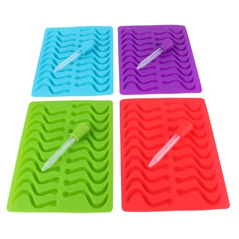 4Pcs Silicone Earthworm Shape Fondant Candy Mold With Dropper Baking Tool Red Blue Green Purple
