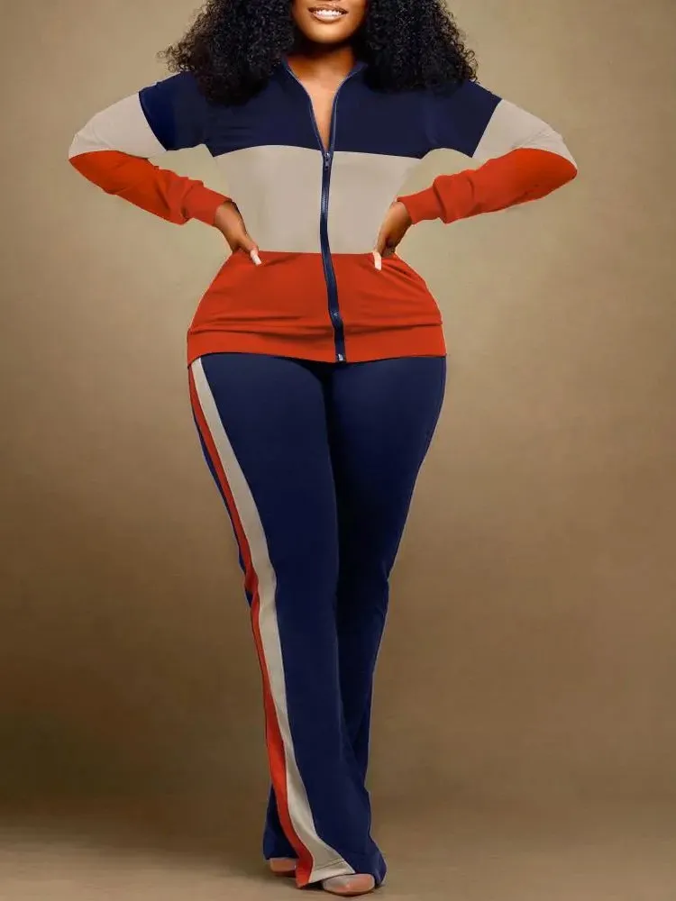 

Woman 2 Piece Set Outfit Long Sleeve Zippered Slim Fit Trousers Suit Simple Style Trousers Commuting Casual Contrast Trendy