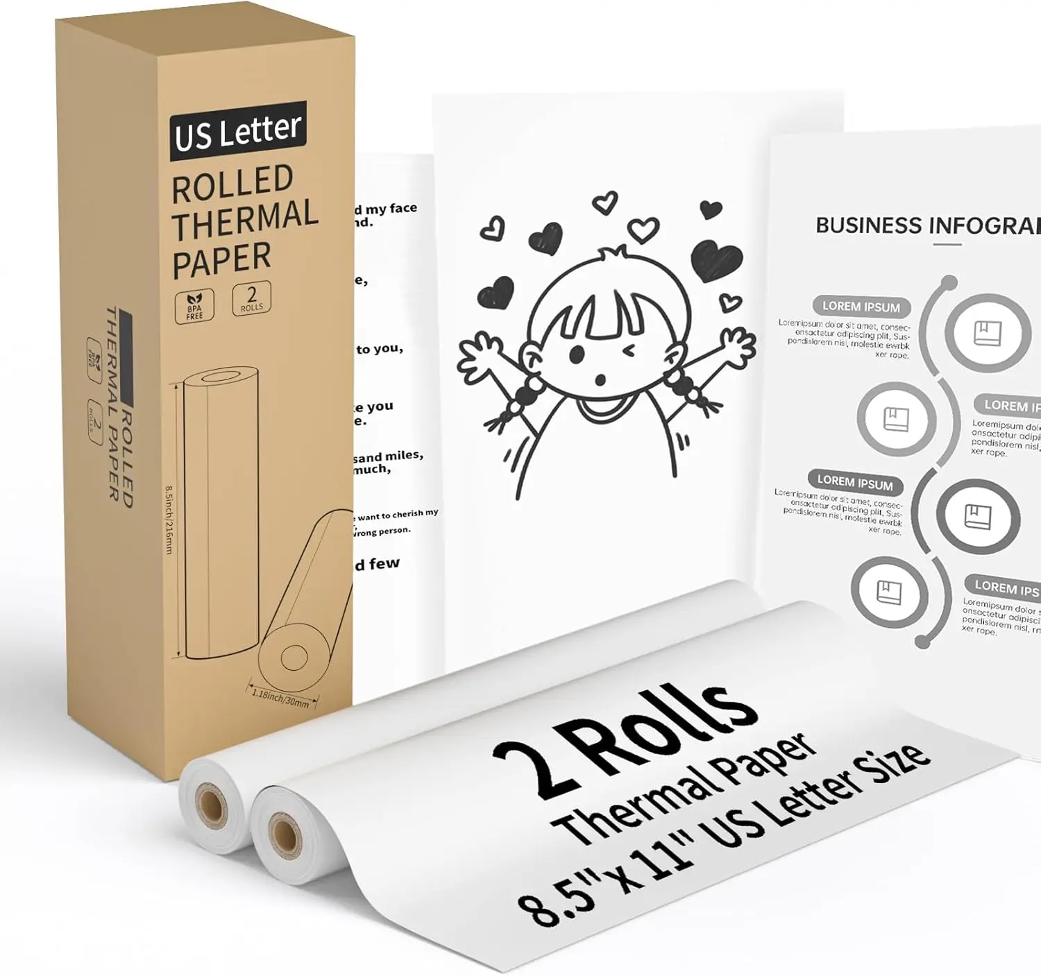 

2 Rolls US Letter Thermal Paper 8.5x11" - 50 Sheets/Roll for Labels, Documents, Barcodes