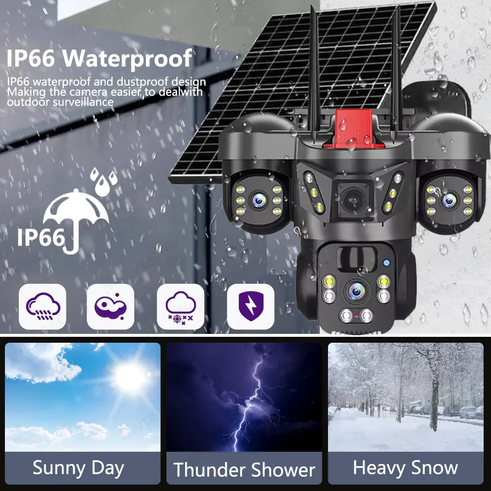 Three Lens Solar Camera 4G Sim Outdoor 15MP Three Screen WiFi PTZ Solaire Panel Cameras Color Night Vision Home IP Surveillance
