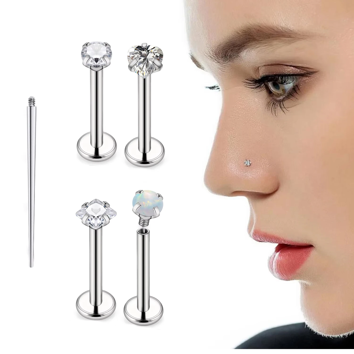 4pcs Stainless Steel Nose Ring Studs Internally Threaded CZ Lip Ring Flat Back Cartilage Tragus Helix Earrings Piercing Jewelry