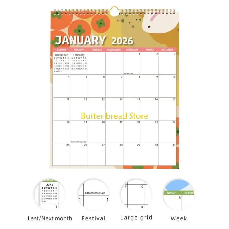 

W89C 2026 Wall Mount Paper Calendar 12 Month Planner Runs from January to December For Home Office School 29.5x37cm