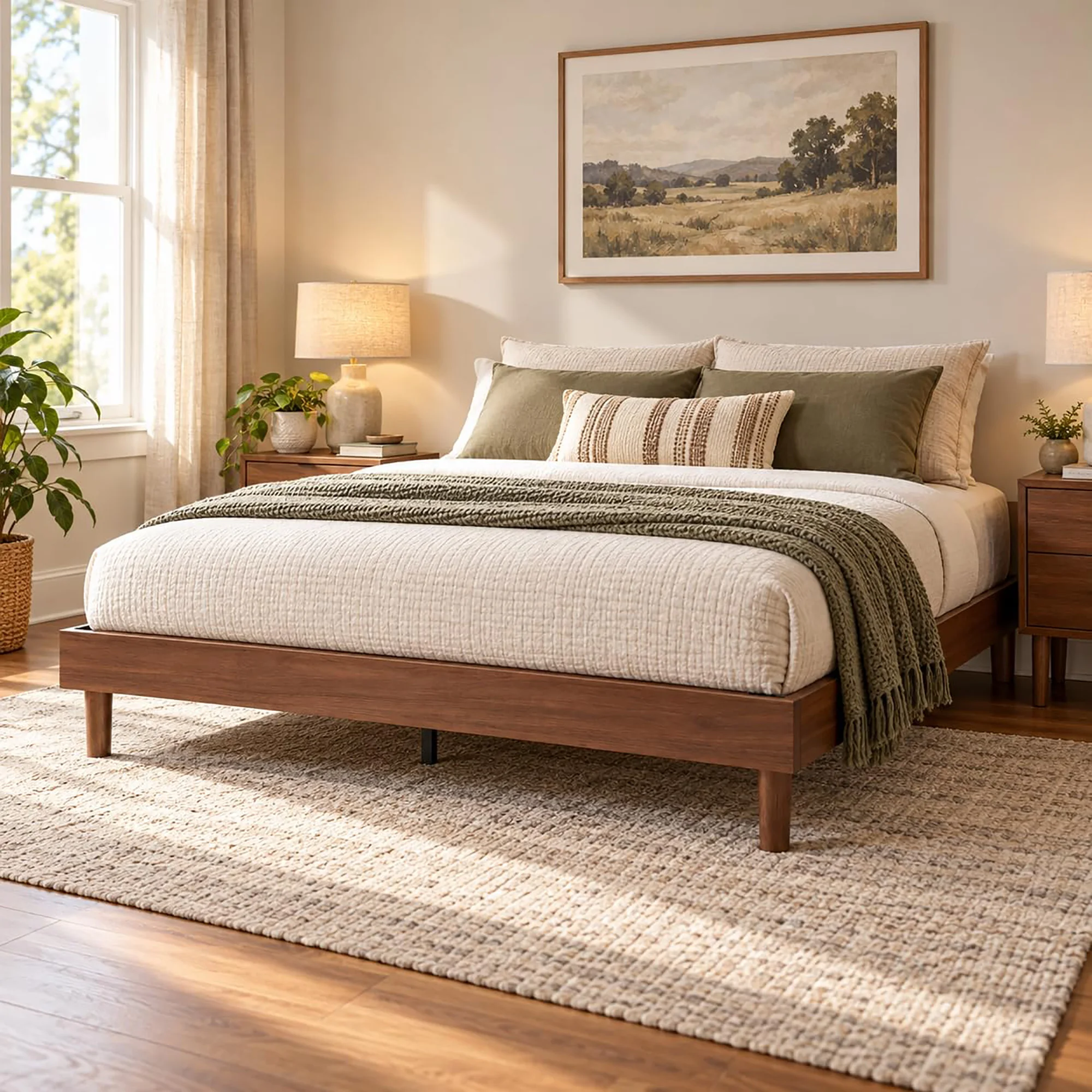 Twin Full Queen King Wooden Platform Bed Frame With Wood Slat Support No Box Spring Needed 7.3 Inch Underbed Storage With Easy Assembly