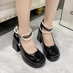Elegant Pumps Women High Heels Shoes Black Leather Mary Janes Square Toe String Bead Decorate Shoes Office Retro Thick Heel Shoe