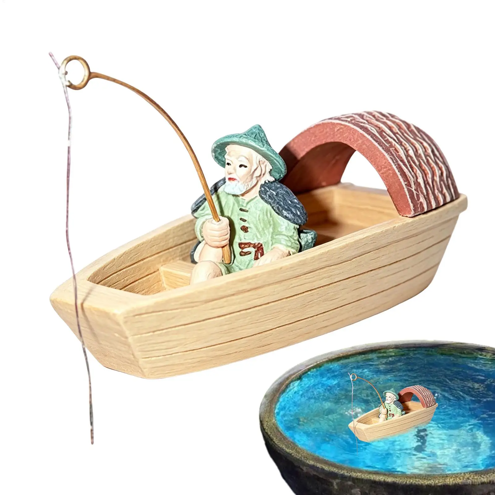 Resin Floating Fisherman Boat Ornament Mini Scene Decoration Aquarium Rockery Layout Accessory For Fish Tank Pond Decor