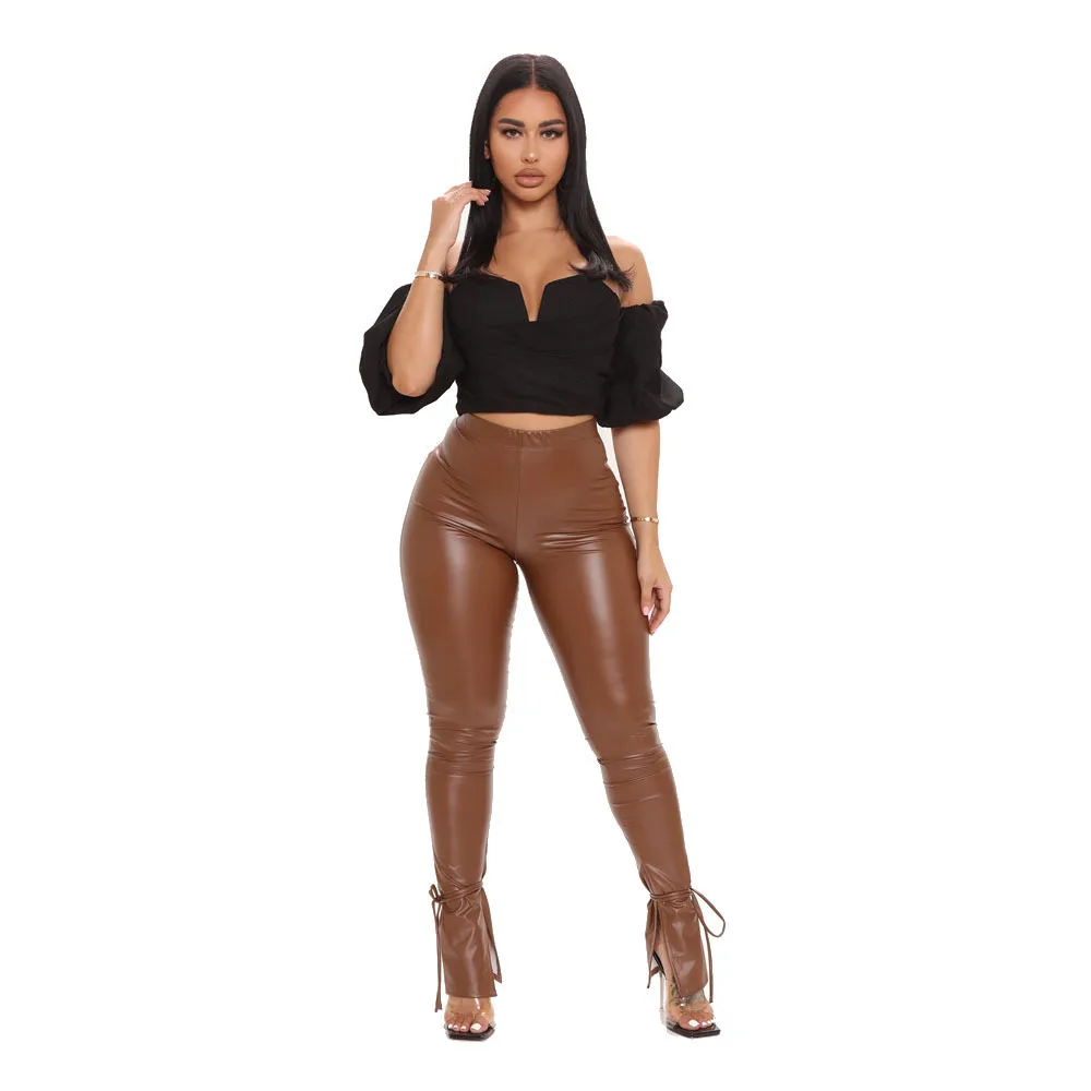 

2023 new dress sexy tight height elastic micro loudspeaker leisure side split bind PU leather pants