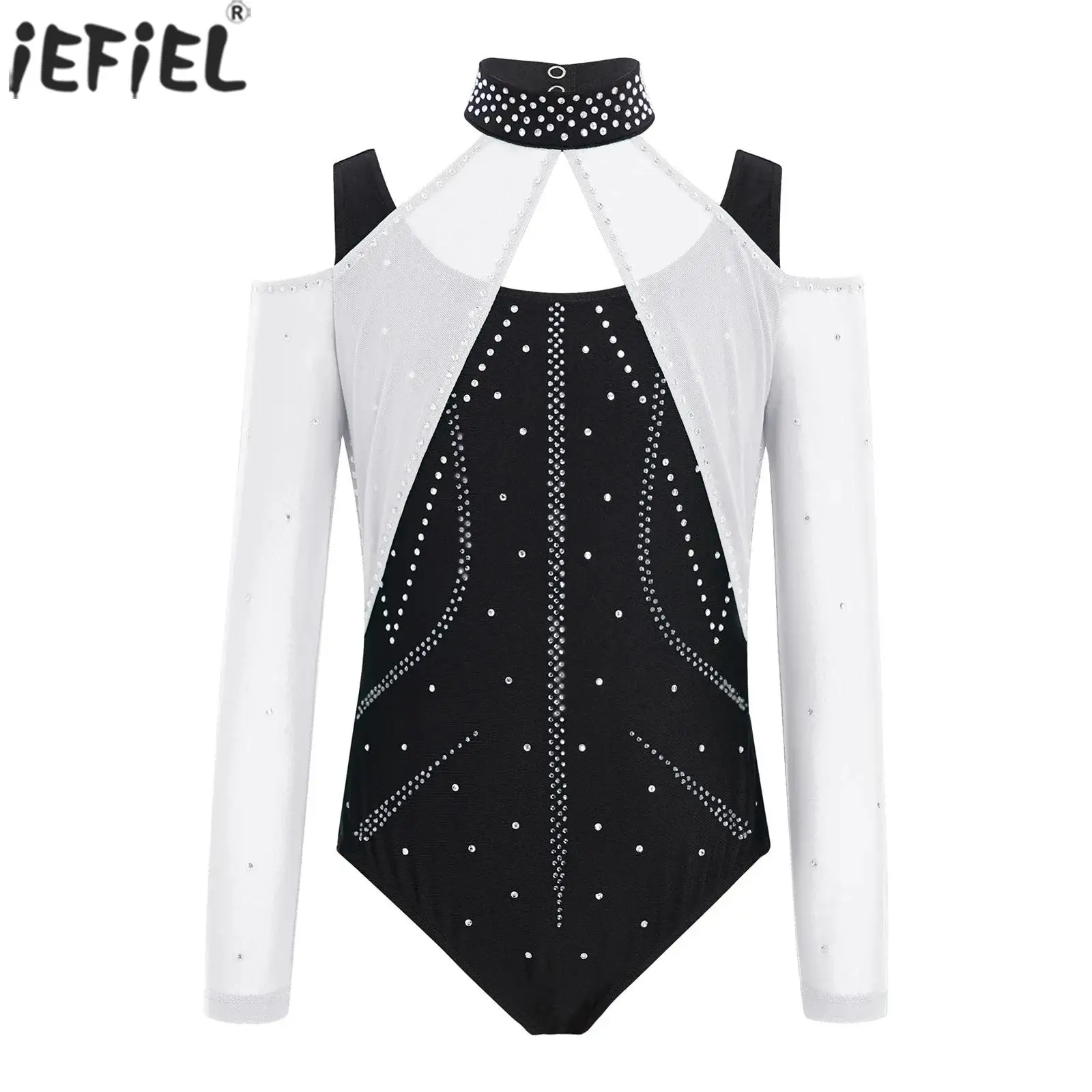 Kids Girls Gymnastics Figure Skating Leotard Cutout Mesh Long Sleeve Shiny Rhinestones Ballet Dance Acrobatics Unitards Bodysuit