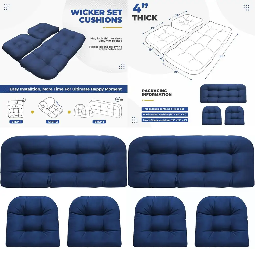 

Blue 3-Piece Waterproof Outdoor Wicker Loveseat and U-Shaped Cushion Set for Patio Furniture