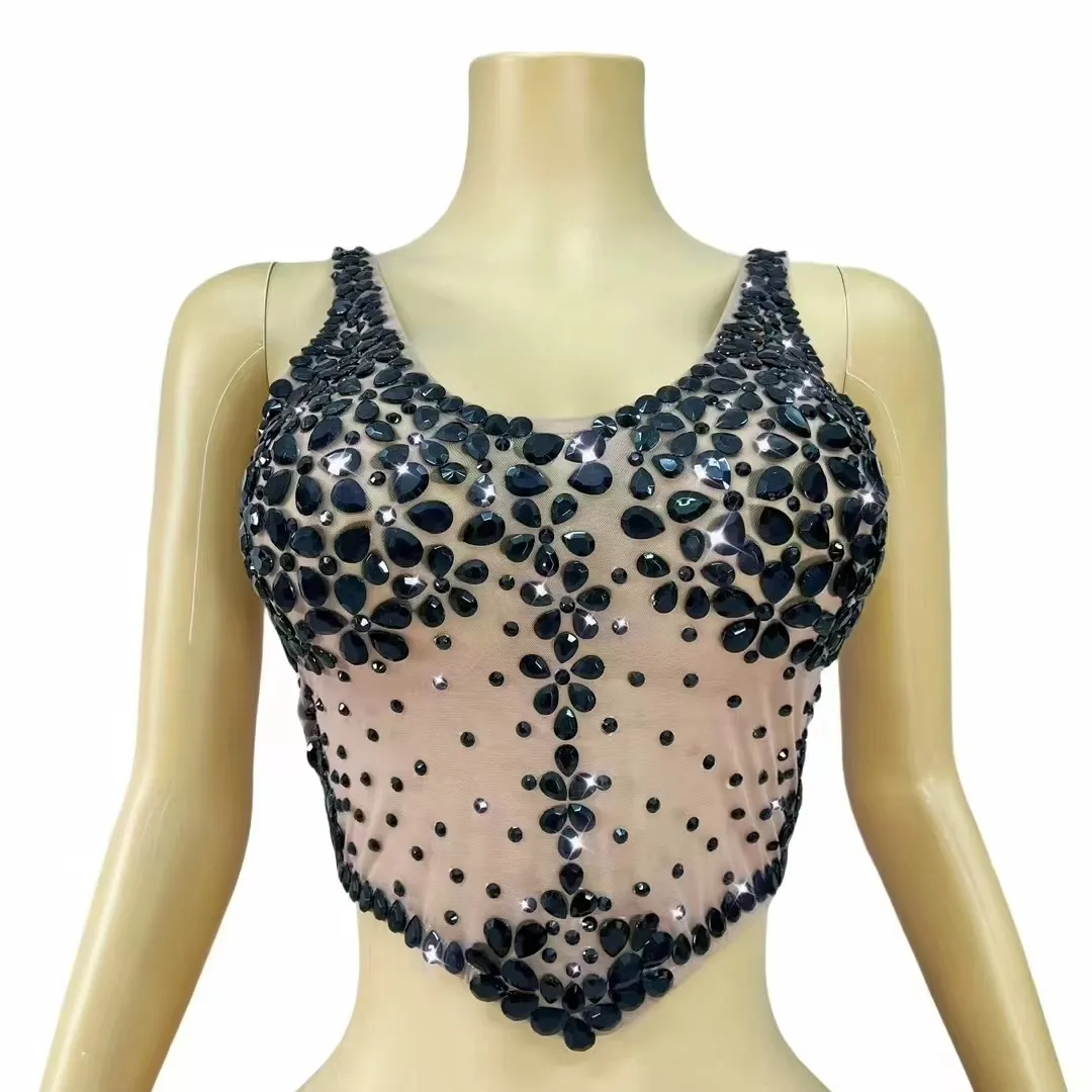 

Женская прозрачная сексуальная сетчатая майка с v-образным вырезом и кристаллами без рукавов, укороченный клубный костюм для ночного клуба, певицы, танцовщицы, танцевального костюма