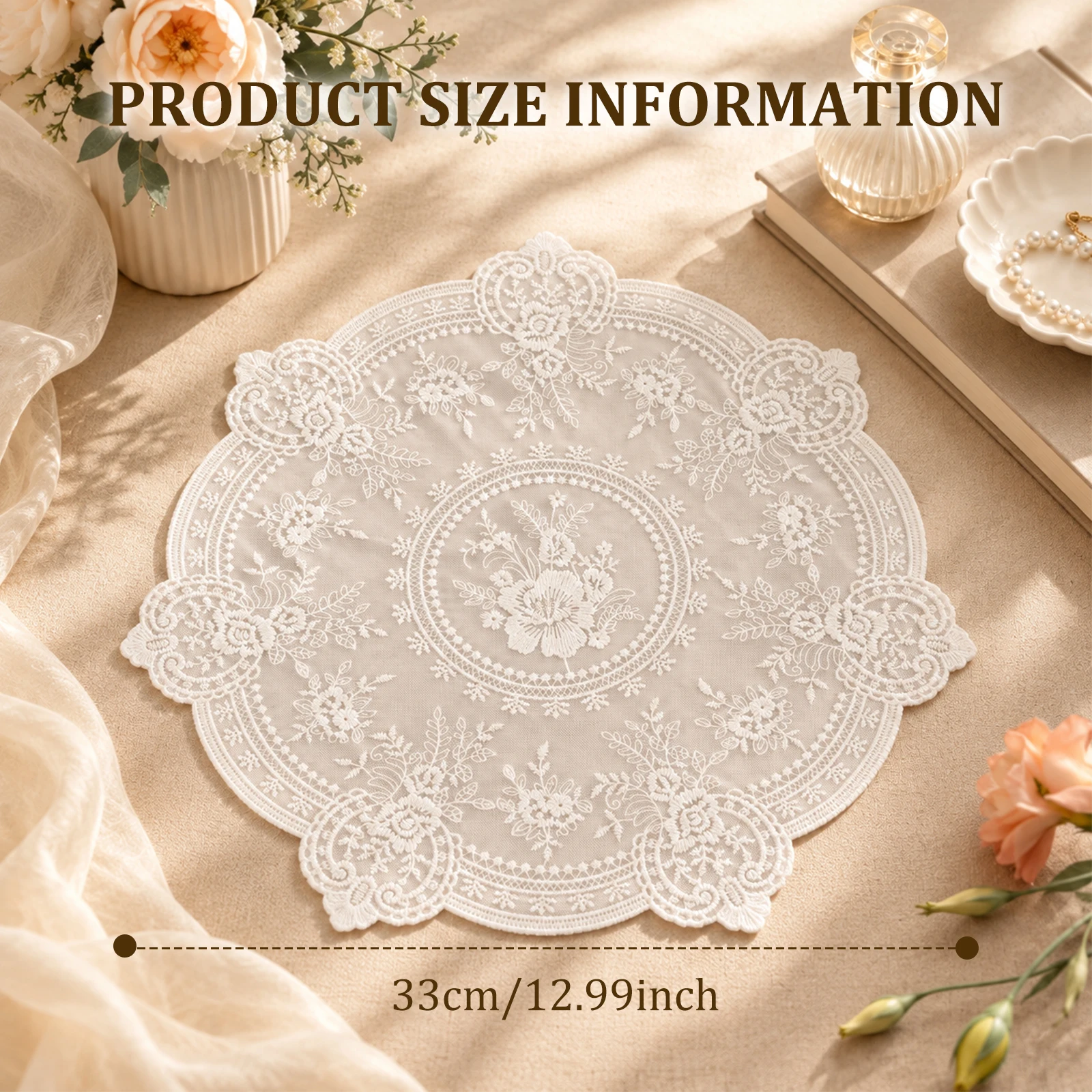 4 Pcs Vintage Floral Lace Placemats Round Polyester Lace Doilies French Lace Placemats Tabletop Protective Layer Home Decoration