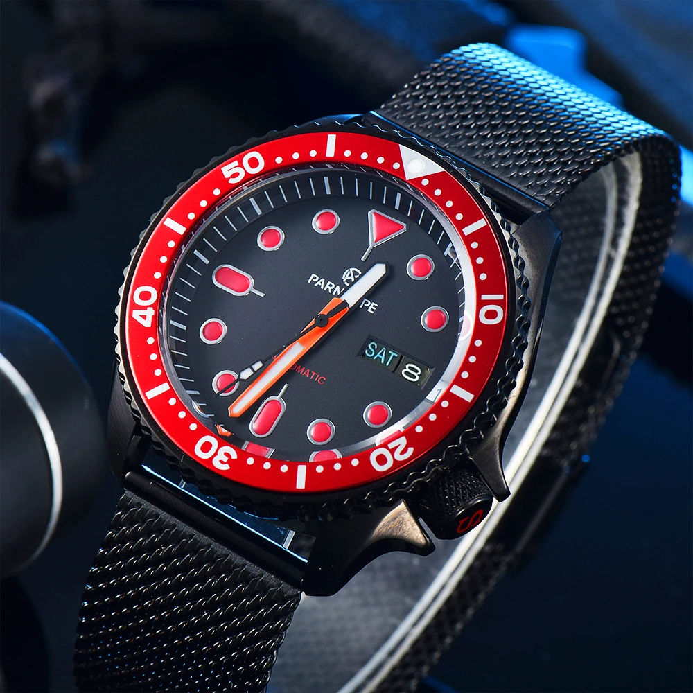 PARNSRPE Stealth Man Watch NH36 Mechanical Automatic Black Diver Watch for Men PVD Case Stealth calendar mechanical wristwatch