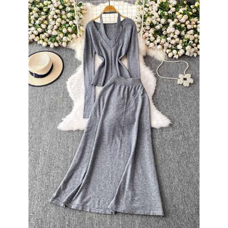 

Новая мода, искусственный комплект из двух предметов, сексуальный вязаный свитер с длинными рукавами, топы, юбка с высокой талией, женский комплект из двух предметов, осень