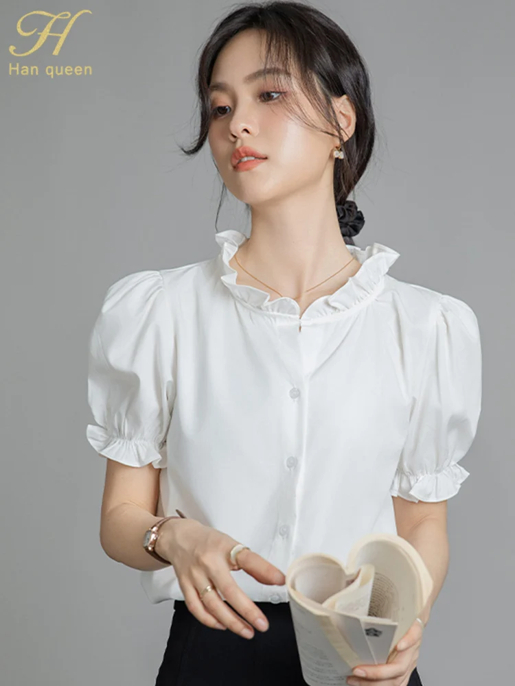 

H Han Queen 2025 Summer White Career Vintage Women Blouses Elegant Short Sleeves Tops Office Female Shirt Casual Woman Clothing