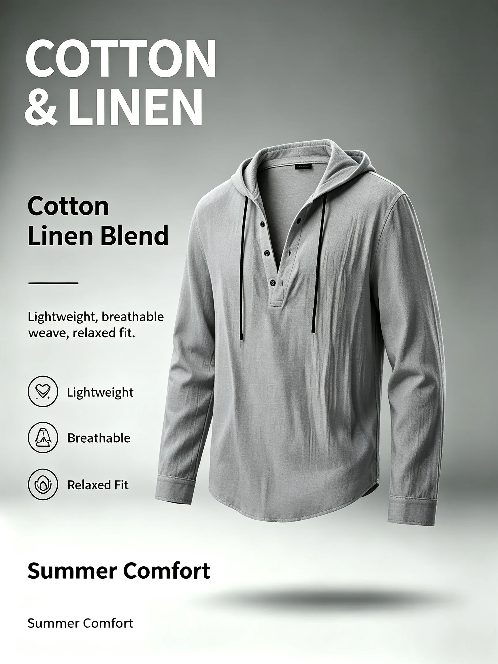Men's Cotton Linen Blend Hooded Shirt Long Sleeve Henley Drawstring Hoodie Lightweight Breathable Casual Loose Tops